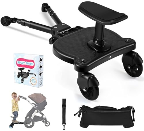 BugyKido Universal Buggy Board with Seat, Kiddy Board with Pram Organiser Bag, Pram Standing Board Compatible with Over 99% of Pushchairs, for Children from 2-6 Years, Load 25 KG(Black)