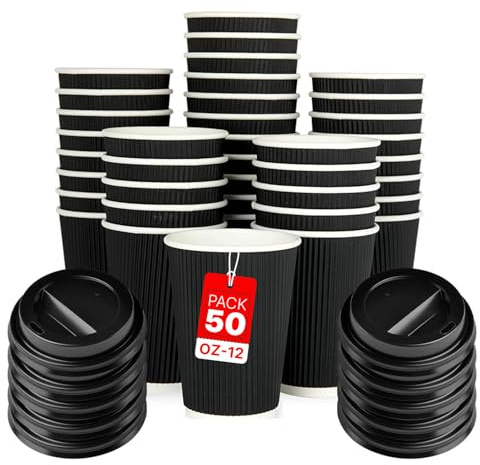 Zuvo [50 Pack Takeaway Coffee Cups with Lids | Disposable Insulated Triple Wall Ripple Kraft Paper Coffee Cups for Takeaway Coffee, Tea or hot Liquids | Pack of 50 (12 Oz.), Black