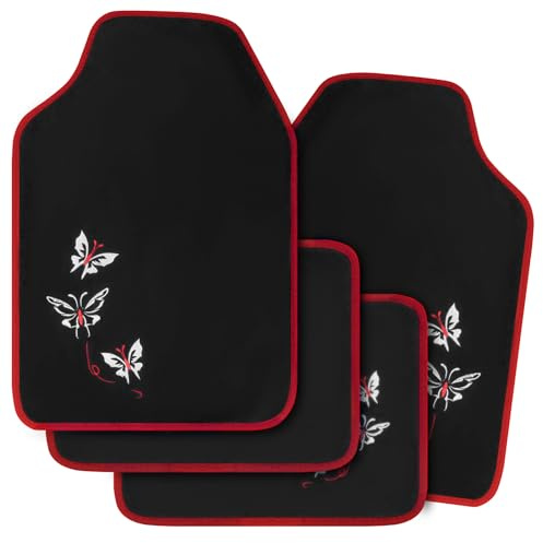 WOLTU Tapis de Sol Set,Voiture Tapis UNI,Broderie Papillon,Protecteur, 4 pièces, Universel Rouge et Noir