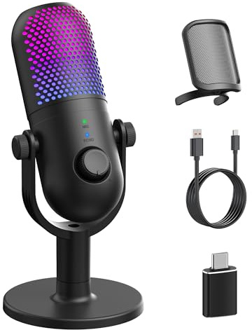 USB Microphone for PC Gaming: Condenser Microphone RGB with Stand Mic - Recording Mic for Computer & Laptop with Quick Mute - Desk Podcast Mic for Podcast & Singing & Streaming & Youtube Black