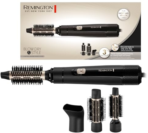Remington AS7300 Spazzola ad Aria Calda 800W Nero con 3 Accessori per Capelli Corti e Medi