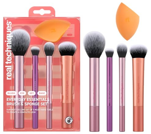 Real Techniques Ensemble de 5 pièces Everyday Essentials +, pinceaux à maquillage et éponge à maquillage, pour fond de teint, fard à joues, poudre bronzante, sans cruauté envers les animaux
