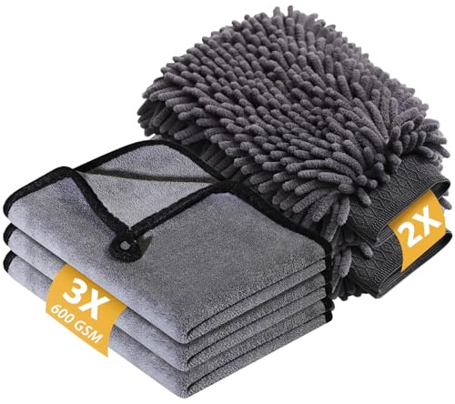 KEYAYE Lot de 3 chiffons microfibre auto 2 gants toilette, 600 g/m², séchage polissage sans rayures, absorbant doux 40 x 30 cm