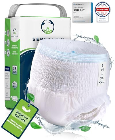 Sensalou Couche Culotte Slip Incontinence - Taille M (22 pieces) - Adulte Femme & Homme - Contre Fuites Urinaires & Fécales Importantes, Protection Ultra Absorbante et Jetable Nuit & Jour - Tres Forte