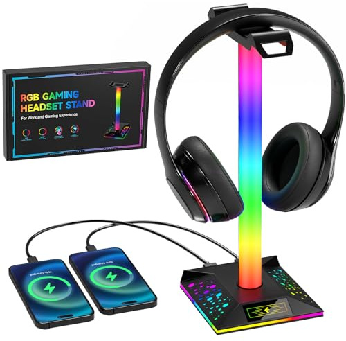 Hcman Headphone Stand Gaming Headset Holder RGB PC Gaming Accessories for Desk, Cool LED Headset Stand with 2 USB Charger for Gamer