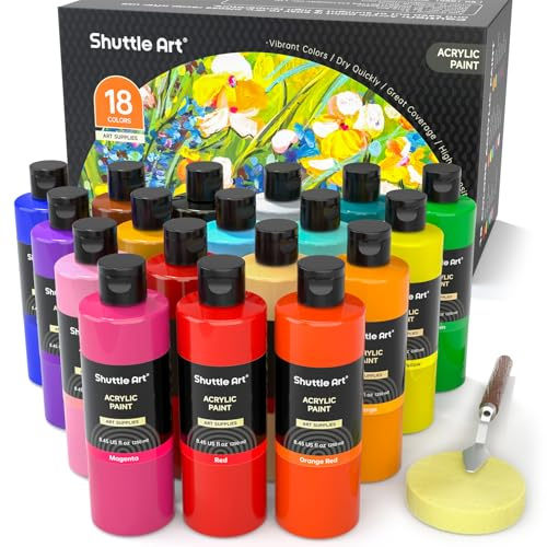 Shuttle Art Acrylic Paint, 18 Colours Acrylic Paint Bottle Set (250ml/8.45oz), Rich Pigmented Paints, Bulk Painting Supplies for Artists, Beginners and Kids on Rocks Crafts Canvas Wood Ceramic