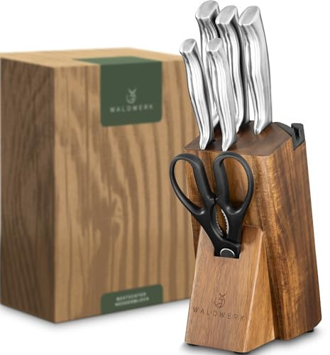 WALDWERK Couteau Cuisine - 7 Couteaux de Cuisine avec Bloc de Rangement et Aiguiseur Intégré - Bloc Couteaux Cuisine - Set Couteaux de Cuisine avec Support - Couteaux et Ustensiles de Cuisine