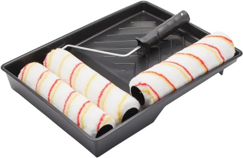 Fit For The Job Lot de 5 pièces, Trois rouleaux 225mm pour peinture artisanale de peinture-émulsion sur murs et plafonds - Manchons à poils moyens pour surfaces lisses et semi-lisses, monture et bac