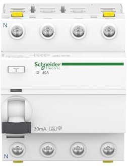 Schneider A9Z21440 Disjoncteur différentiel iID, 4P, 40A, 30mA type A, Blanc