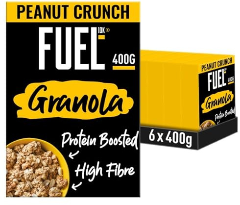FUEL10K Protein Boosted, Chunky Granola, Peanut Loaded, 6 x 400 Gram Box - High Fibre, Vitamin Boosted Vegan Cereal with Roasted Peanuts & Whole Grain Oat Flakes