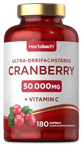 Mirtillo Rosso 50000 mg con Vitamina C | Cranberry 50:1 Extract | 180 Capsule Vegane in Polvere | Horbaach