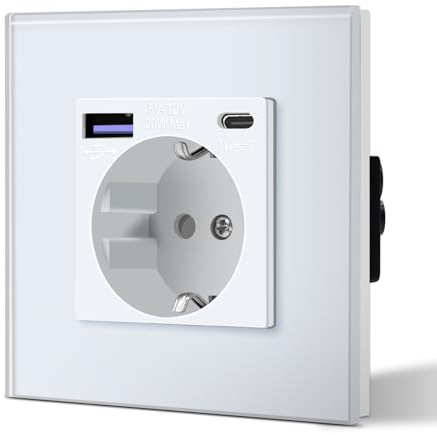 BSEED Enchufe Pared con 20W USB y Tipo C,Enchufe USB C de Cristal,Carga Rápida,3 en 1，Fácil Instalación,1 Enchufe,86mm Blanco