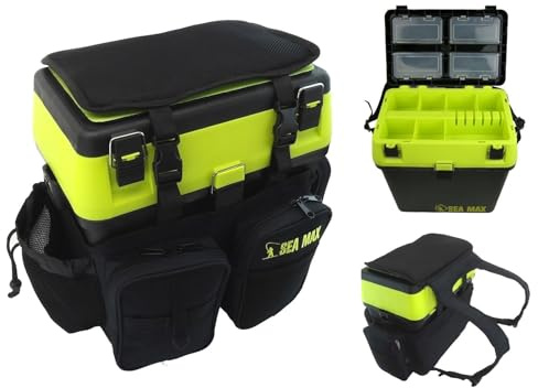 Roddarch SEA MAX Fishing Seat Box and Rucksack: 600D RipStop Nylon Backpack with 18 Litre ABS Tackle Box and Padded Shoulder Straps