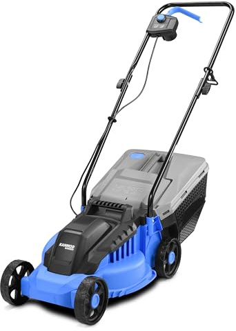 KANWOD Tagliaerba Elettrico, 1200 W, Larghezza di Taglio 32 cm, Cesto Raccoglierba 30 L, Regolazione Altezza Taglio 3 Livelli 30-70 cm, Tosaerba per superfici fino 500 m², 3400 giri/min, Grigio/Blu