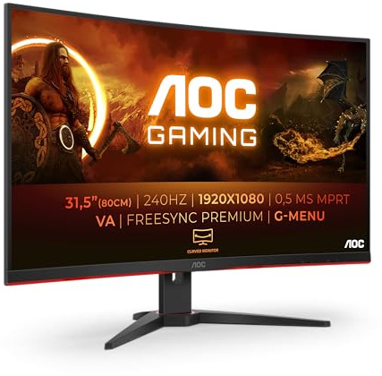 AOC Gaming C32G2ZE - 32 Inch FHD Curved Monitor, 240Hz, 1 ms MPRT, VA AMD FreeSync Premium, Low Input Lag (1920x1080@ 240Hz, 300 cd/m², HDMI/DP)