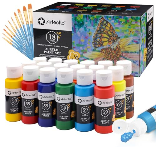 Artecho Acrylic Paints Set 18 Colors 2 Ounce/59ml with 10 Art Brushs, Non Toxic, Model Paint, Waterproof Paint, Acrylic Paint Kit for Canvas, Crafts, Glass, Clay, Wood, Fabric, Poster, Leather&Rock