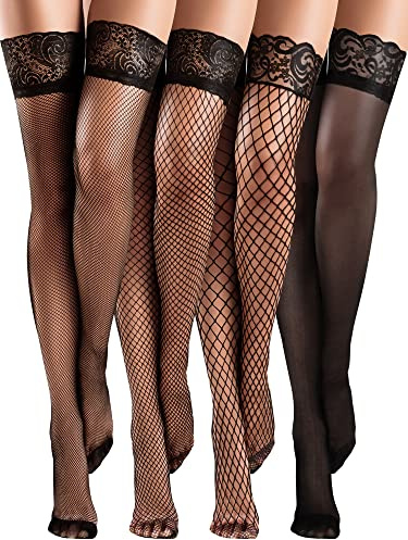 Bencailor 4 Paires Bas Résille en Dentelle Bas Autofixants Transparents en Silicone pour Femme(Noir,M)