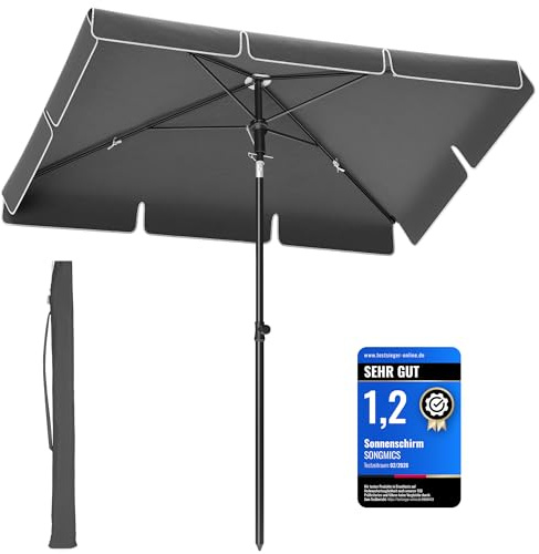 SONGMICS Ombrellone 180 x 125 cm, protezione solare UPF 50+, inclinabile a 30° in 2 direzioni, altezza regolabile, con borsa per il trasporto, per giardino, terrazza, senza base, grigio GPU180G01