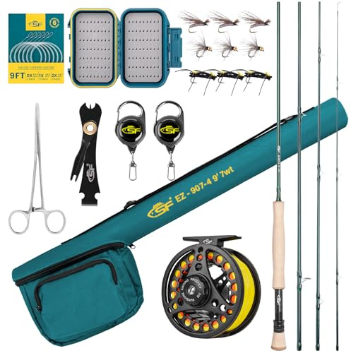 SF Fly Fishing Rod Combo Starter Kit 4 Piece 7WT 9FT Emerald Green 24T Carbon Fiber Trout Fly Rod with Reel, Rod case, Fly Box with Flies,Tapered Leader, Knot Tying Tools