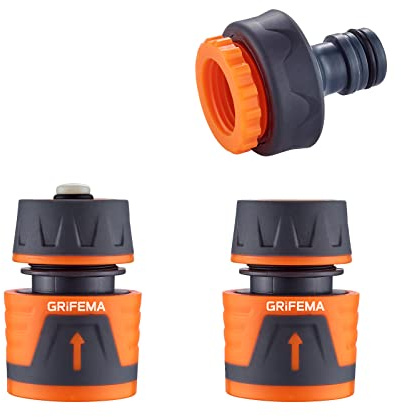 GRIFEMA GE1103, Kit de Raccordement de Robinet/Tuyau de Jardin Avec Connecteur Waterstop 1/2", Connexion Rapide et Connecteur Femelle Premium 3/4", Gris/Orange [Exclusivité Amazon]