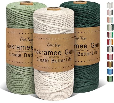 OurTop 3 Rolls Premium Macrame Cord, 3mm x 100m Braided Macrame Rope Twisted Cord Yarn Macrame Yarn Thick Rope for Wall Hangings, Plant Hangers, DIY Crafts(Beige, Light Green, Dark Green)