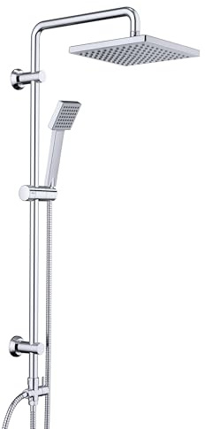 JOHO Colonne de Douche Acier inoxydable avec Douchette Salle de Bain Réglable en Hauteur, Ensemble Douche Pluie Murale sans Robinet, Pommeau Douche ABS 20x20 cm Chromé