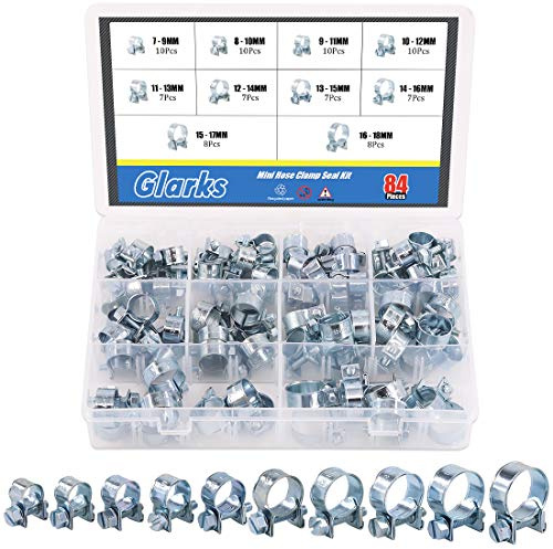 Glarks Lot de 84 mini colliers de serrage pour tuyau de carburant, diesel et essence, assortiment de 10 tailles