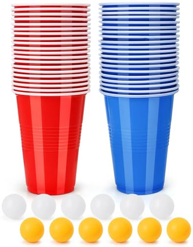 Spyrtb Beer Jouer Pong Kit, Jeux à Boire Gobelets, 40 Réutilisables Tasse de Bière Pong (20 Rouge + 20 Bleu) et 12 Balles, Réutilisables, pour Une Fête d'anniversaire, Une Réunion d'amis, Camping Jeu