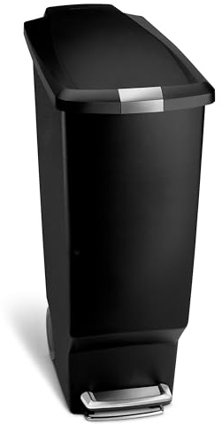simplehuman CW1361 40L Slim Recycling Kitchen Pedal Bin with Lid Lock, Silent Soft Close Lid, Built In Wheels, Stay-Open Lid, Black Plastic, W 26.0cm x H 64.0cm x D 49.0cm