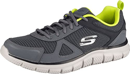 Skechers Men's Track Bucolo Trainers, Charcoal Black Leather Mesh Lime Trim, 9 UK