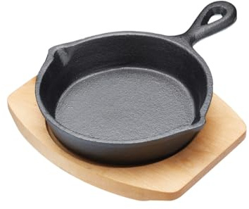 Artesà Small Frying Pan, Cast Iron, Non Stick, with Wooden Serving Board, Grill Pan Sizzle Skillet with Stand, for Fajitas, BBQ, Omelette, Tapas and Desserts, 13cm diameter