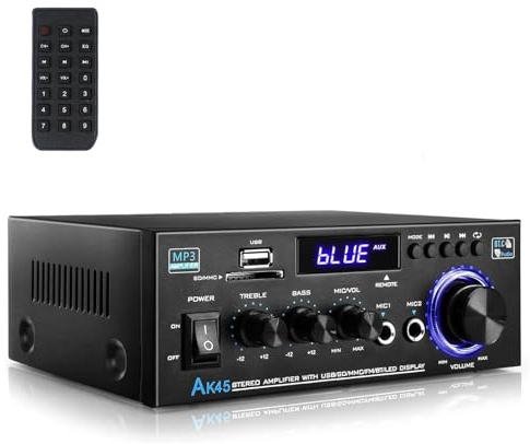 Romicta Stereo Audio HiFi Amplifier, 600W Bluetooth Amplifier 5.0, 2 Channels 12V/230V, LCD Display, SD/USB, FM Radio – Ideal for Home, Car & Karaoke