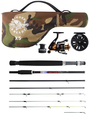 Rigged and Ready X5 Travel Fishing Combination. Super Compact Spin/Fly Travel Rod, 1 spin+1 fly reel+case. 1 rod 5 fishing options. 2.2m (7’ 2”)+1.9m (6'3") lengths. Multi-function fishing rod.