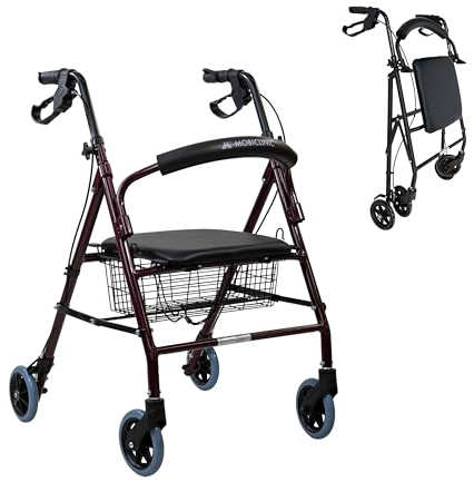 Rollator Mobiclinic Escorial Pliable Léger Aluminium Freins Verrouillables Panier Amovible Siège et Dossier Rembourrés Bordeaux