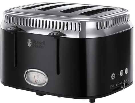 Russell Hobbs Retro 4 Slice Toaster - Black, Stainless Steel, Defrost, Reheat, Lift & Look, Variable Browning