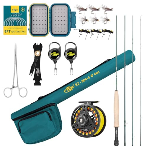 SF Fly Fishing Rod Combo Starter Kit - 4 Piece 4WT 8FT Emerald Green 24T Carbon Fiber Trout Rod With Reel, Case, Fly Box, Tapered Leader, Knot Tying Tools