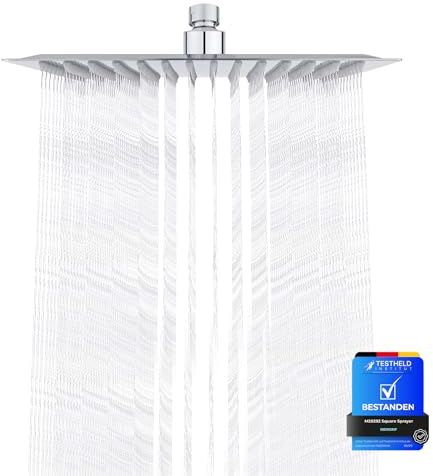 Ibergrif Tete de Douche Inox - Economie d'Eau, Pommeau de Douche Carré 20CM, Pluie Universelle Filetage 1/2 Pouce, Rotatif 360°, Inclinable 30°, Facile à Installer et à Nettoyer