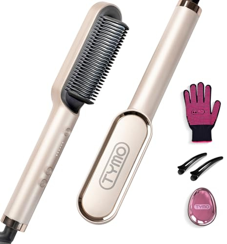 TYMO Hair Straightener Brush UK, Flat Iron and Hair Brush 2-in-1, Anti-Scald, Fast Heating, 5 Temp Settings (130℃-210℃), Professional Salon at Home, Wider Comb for Even Straightening, Gold
