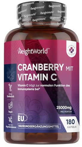 Mirtillo Rosso Vegano,180 Cranberry Capsule con Vit C, 6 Mesi, da 25000mg per Capsula, Cranberry Integratore Alimentare Estratto 50:1 con Vitamina C (come Acido L-Ascorbico), Senza Magnesio Stearato