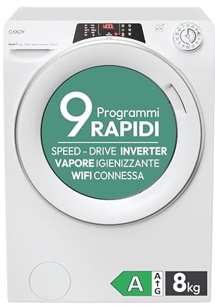 Candy RapidÓ Lavatrice 8 Kg, 1200 Giri, Motore Inverter Speed Drive, Funzione Vapore, Wi-Fi + BLE, Programmi Rapidi, Classe A, 85 x 60 x 53 cm (AxLxP), RO 1284DWMST/1-S