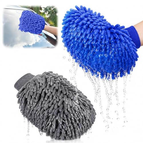 2 Pièces Gant Lavage Voiture, Gant Microfibre Nettoyage Voiture, Microfibre Sechage Voitures, Chiffon Anti-Rayures pour Auto et Moto, Idéal pour Entretien Auto et Nettoyage auto Extérieur,Gris+Bleu