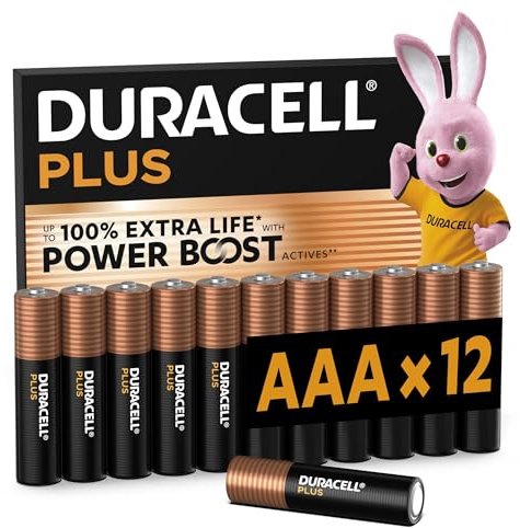 DURACELL Plus AAA Batteries (12 Pack) – Alkaline Batteries 1.5V – Up to 100% Extra Life with POWER BOOST Actives– Reliability For Everyday Devices – 0% Plastic Packaging – 10-Year Storage-MN2400