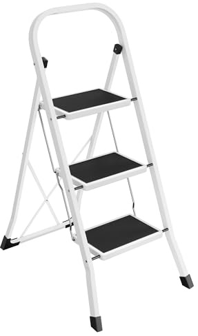 SONGMICS Marchepied 3 Marches Pliable, Escabeau, Verrou de Sécurité, Facile à Ranger, Charge 150 kg, Blanc Nuage GSL03WT