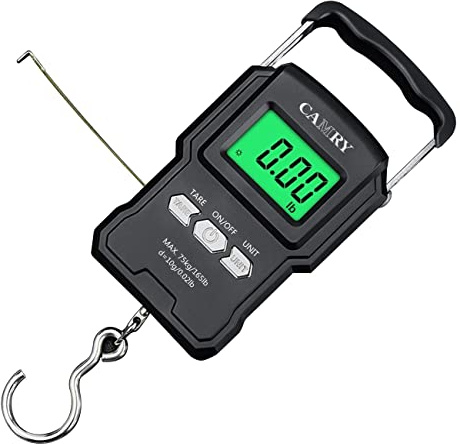 CAMRY Digital Luggage Scale Hanging Scale Fishing Scale with Measuring Tape Ruler Portable Scale with Hook for Travel Suitcase,165lb/75kg with Green Backlit LCD Screen