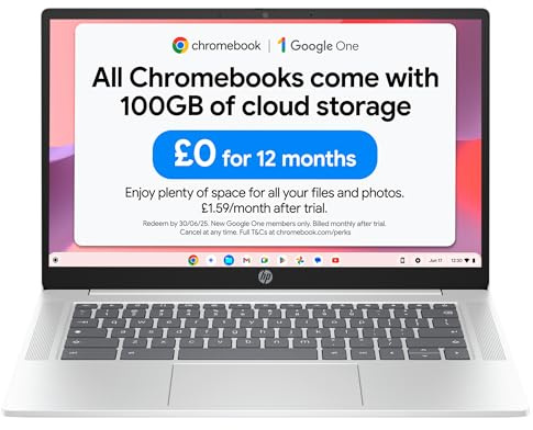 HP Chromebook 14" | Intel Processor N100 Processor| 4 GB RAM | 128 GB Flash Storage | Intel UHD Graphics | HD Display | Up to 12hrs battery | Chrome OS | Dual Speakers | Glacier Silver | 14a-nf0002sa