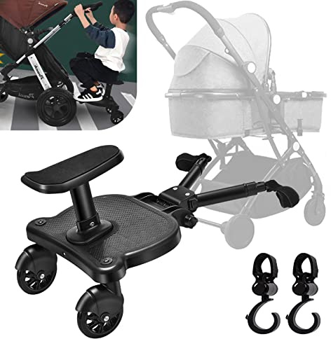 Vihir Universal Buggy Board with Seat, Kiddy Board, Pram Accessory for Children from 2-6 Years (25 kg), Compatible with Almost Every Stroller and Pram, Black, with 2 pram Hooks
