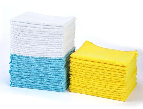 Amazon Basics Chiffon de nettoyage microfibre, 30.5 x 40.6 cm, Lot de 48, Bleu/Blanc/Jaune