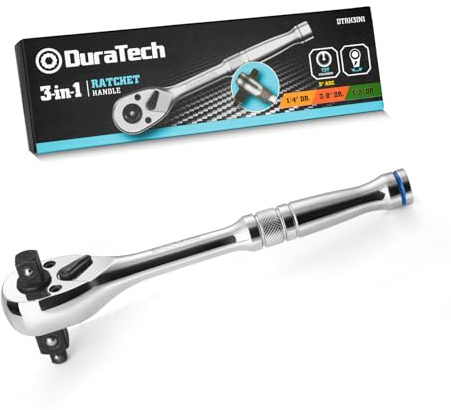 DURATECH Chiavi a cricchetto reversibili 3-in-1, Maniglia a cricchetto 1/4", 3/8", 1/2" in acciaio legato, Chiave a bussola a cricchetto, Chiave a bussola a 72 denti per riparazione auto