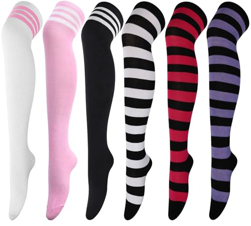 DRESHOW 6 Paires Chaussettes Hautes Montantes Chaussettes de Genoux Longues Cuisse Chaussettes Dessus du Genou Haut Bas de Démarrage Jambières pour Filles et Femmes