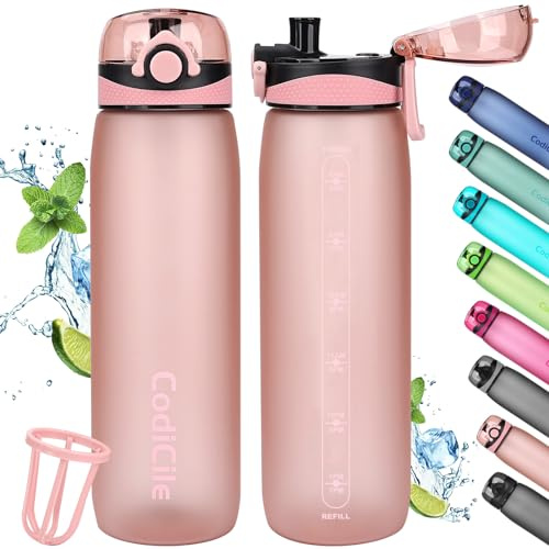 CodiCile Gourde de 1 l - Sans BPA - Anti-fuite - 1 l - En Tritan - Avec filtre - Pour fitness, course, école, plein air - Or rose